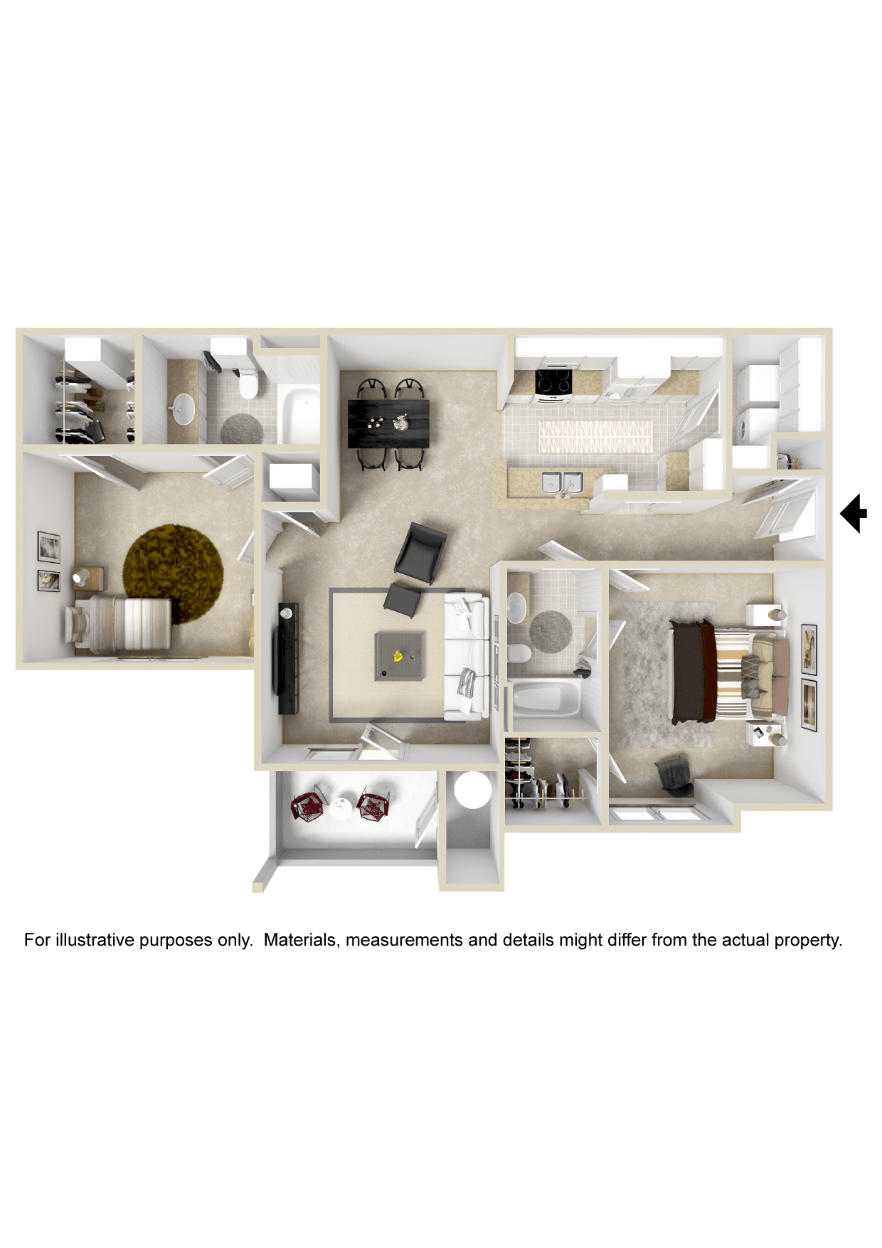 Floor plan for 2 beds, 2 baths, 1128 sqft